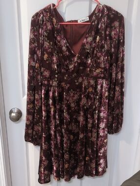 Velvet Floral Long-Sleeve Dress in Burgundy